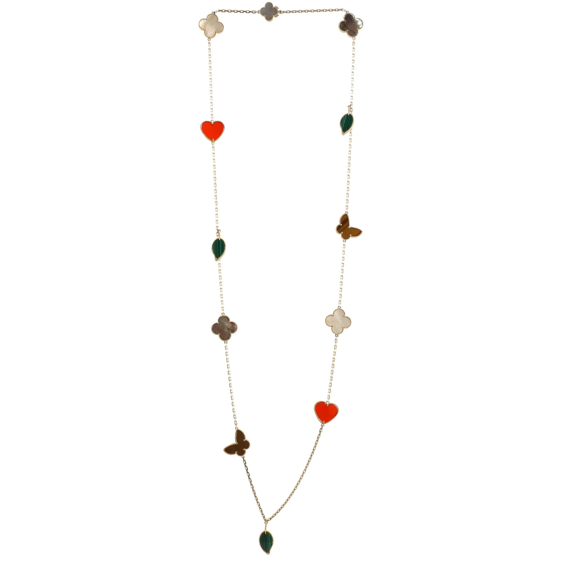 Lucky Alhambra 12 Motifs Necklace 18K Yellow Gold with Carnelian, Malachite, Mother of Pearl and Tiger Eye