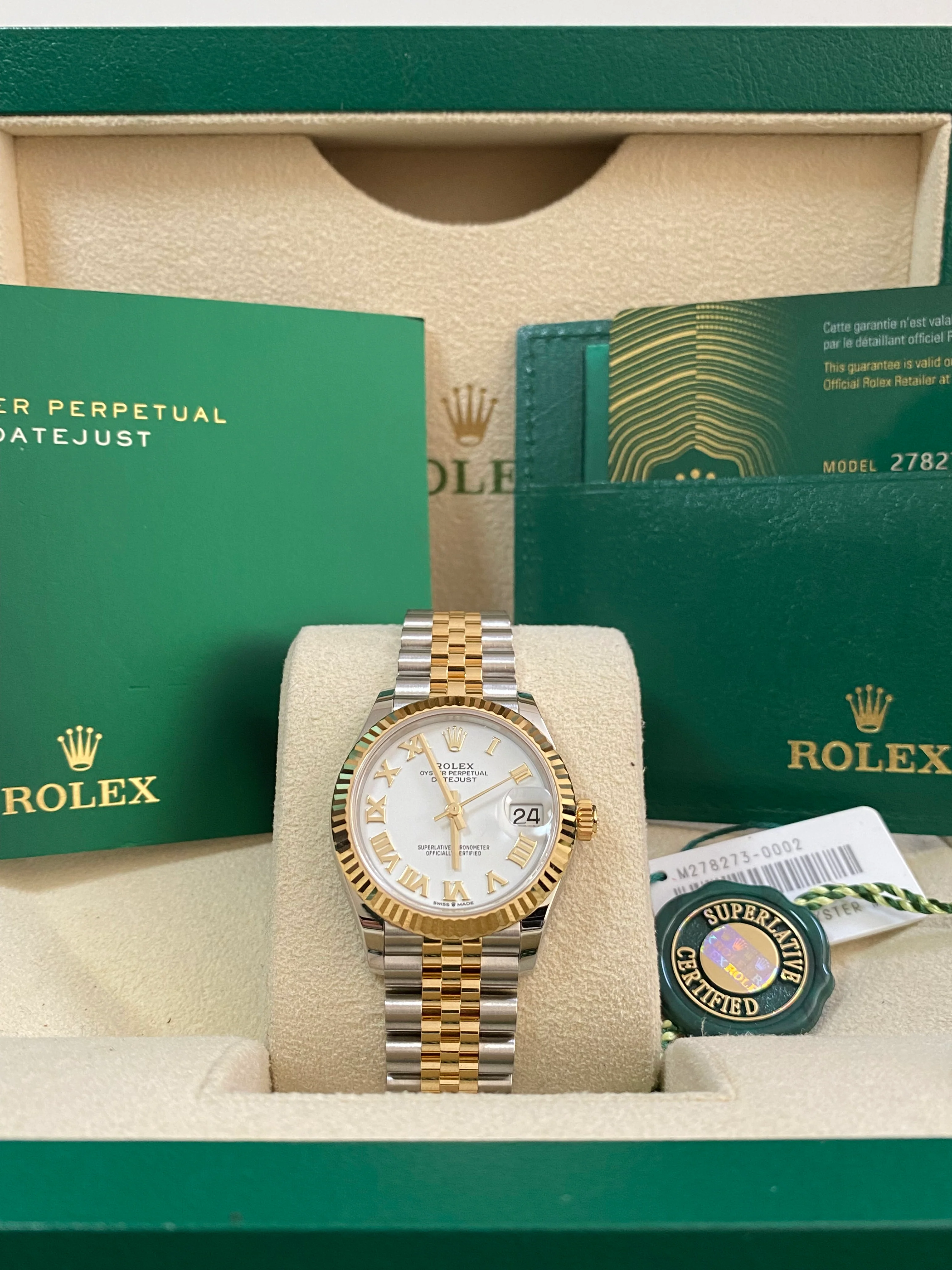 Rolex Steel and Yellow Gold Datejust 31 - 2024 - Fluted Bezel - White Roman Dial - Jubilee Bracelet - 278273 *FULL SET*