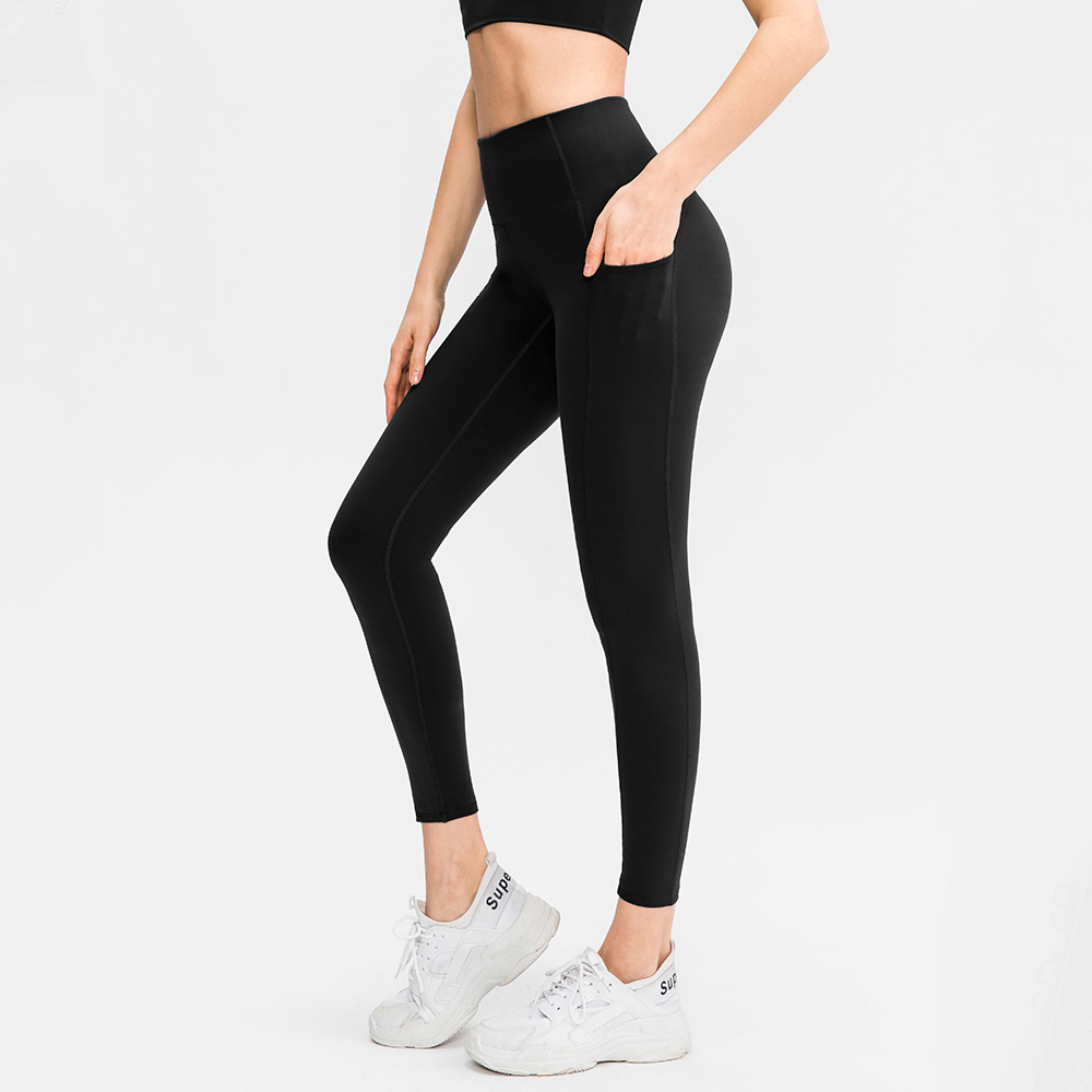 Women's nude-feel yoga pants, high-waisted, hip-lifting, pocketed, tight-fitting sports pants, high elasticity, quick-drying fitness pants