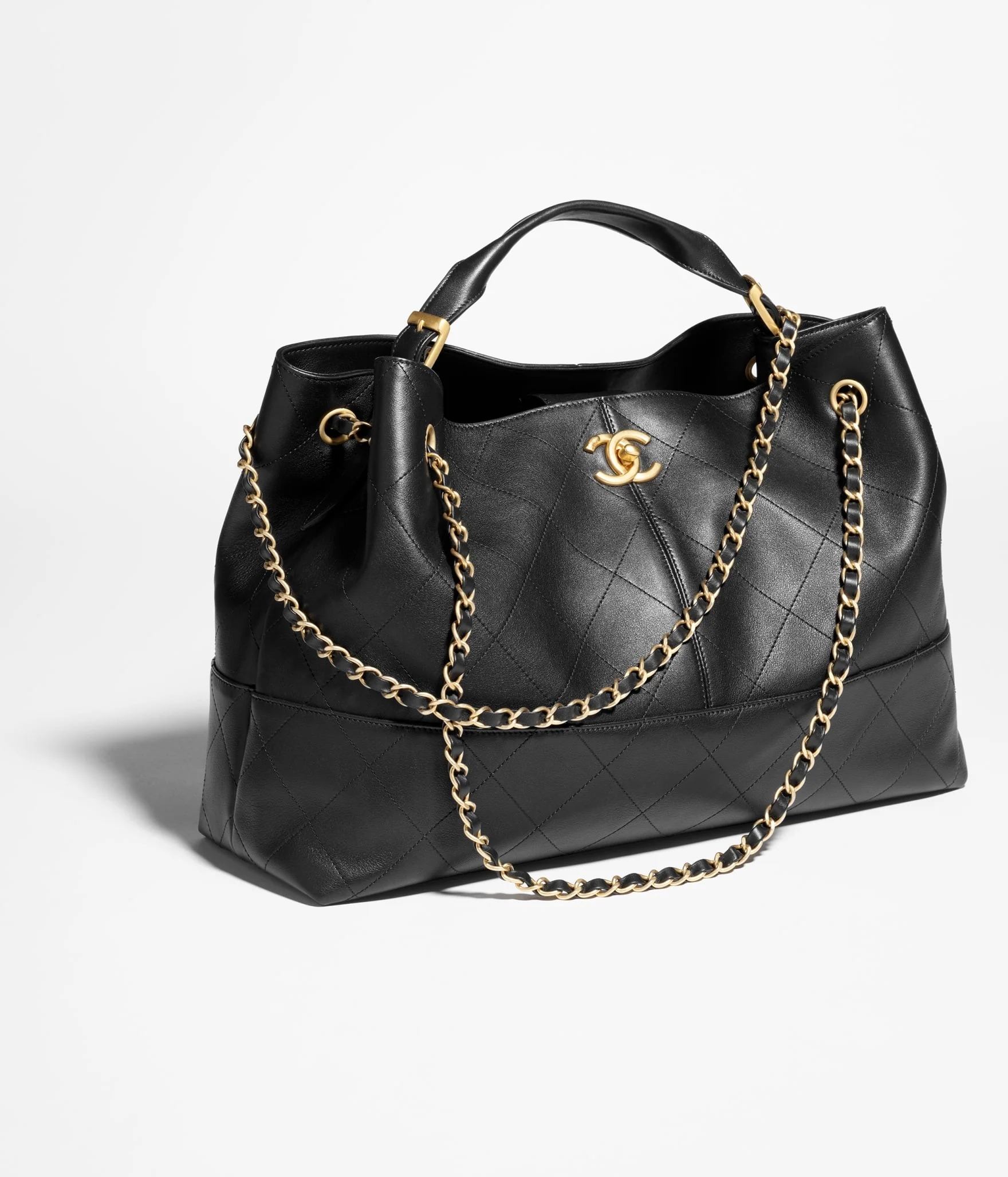 Shopping Bag Calfskin & Gold-Tone Metal  Black