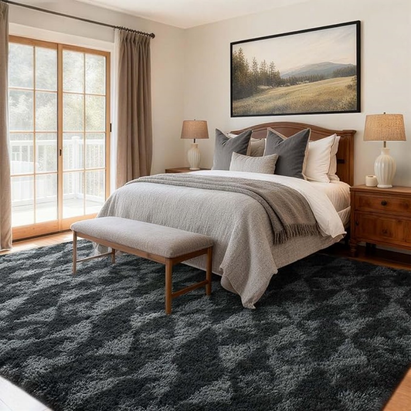 6x9 Ft Large Shag Black Rug for Living Room