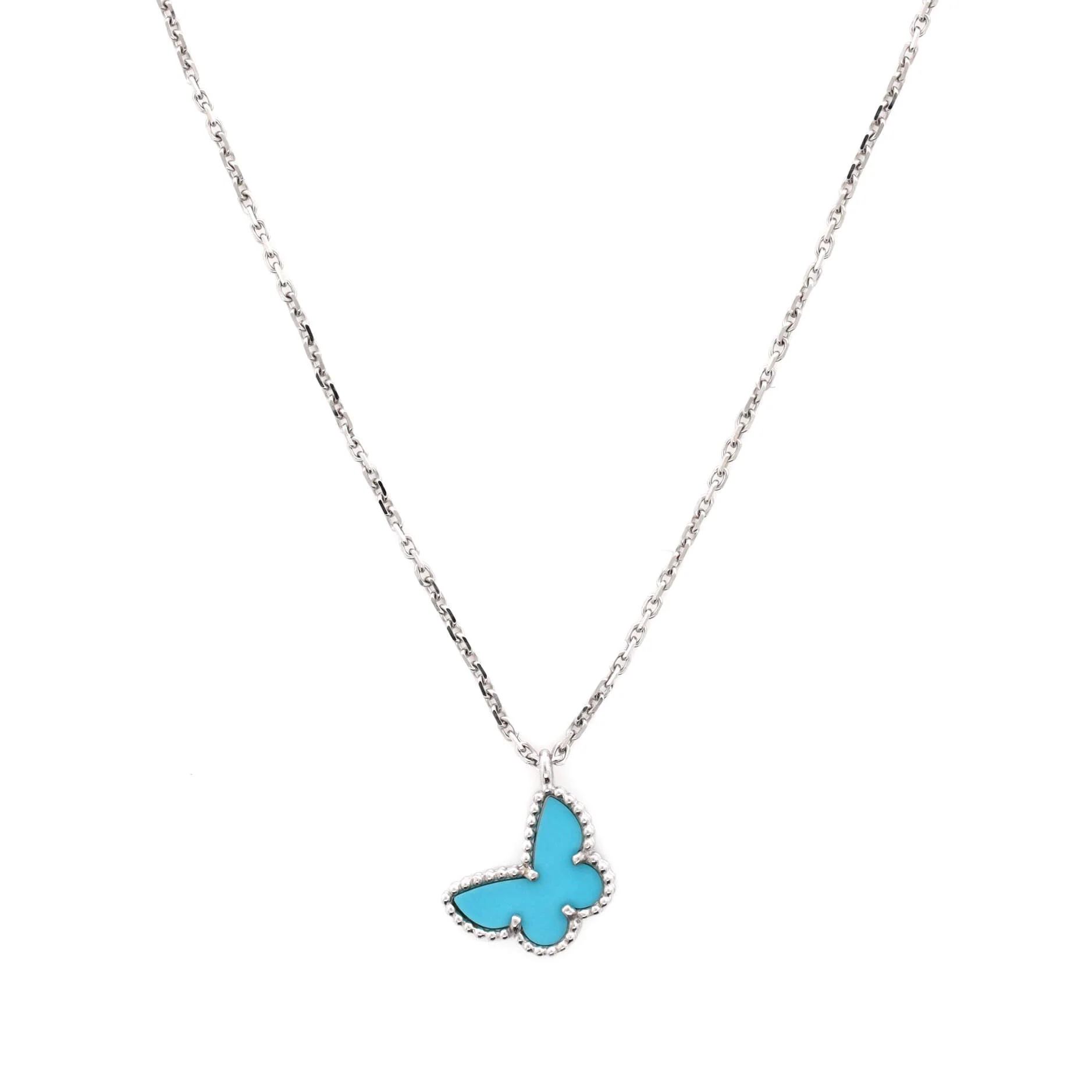 Sweet Alhambra Butterfly Pendant Necklace 18K White Gold with Turquoise