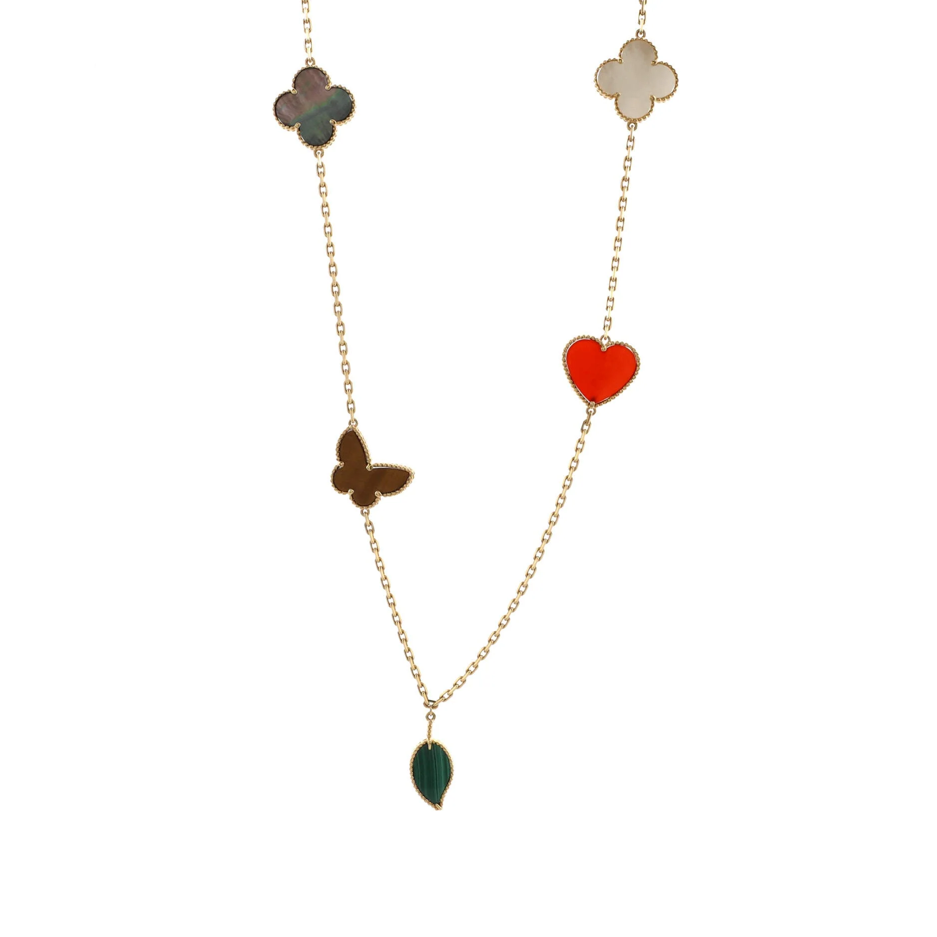 Lucky Alhambra 12 Motifs Necklace 18K Yellow Gold with Carnelian, Malachite, Mother of Pearl and Tiger Eye