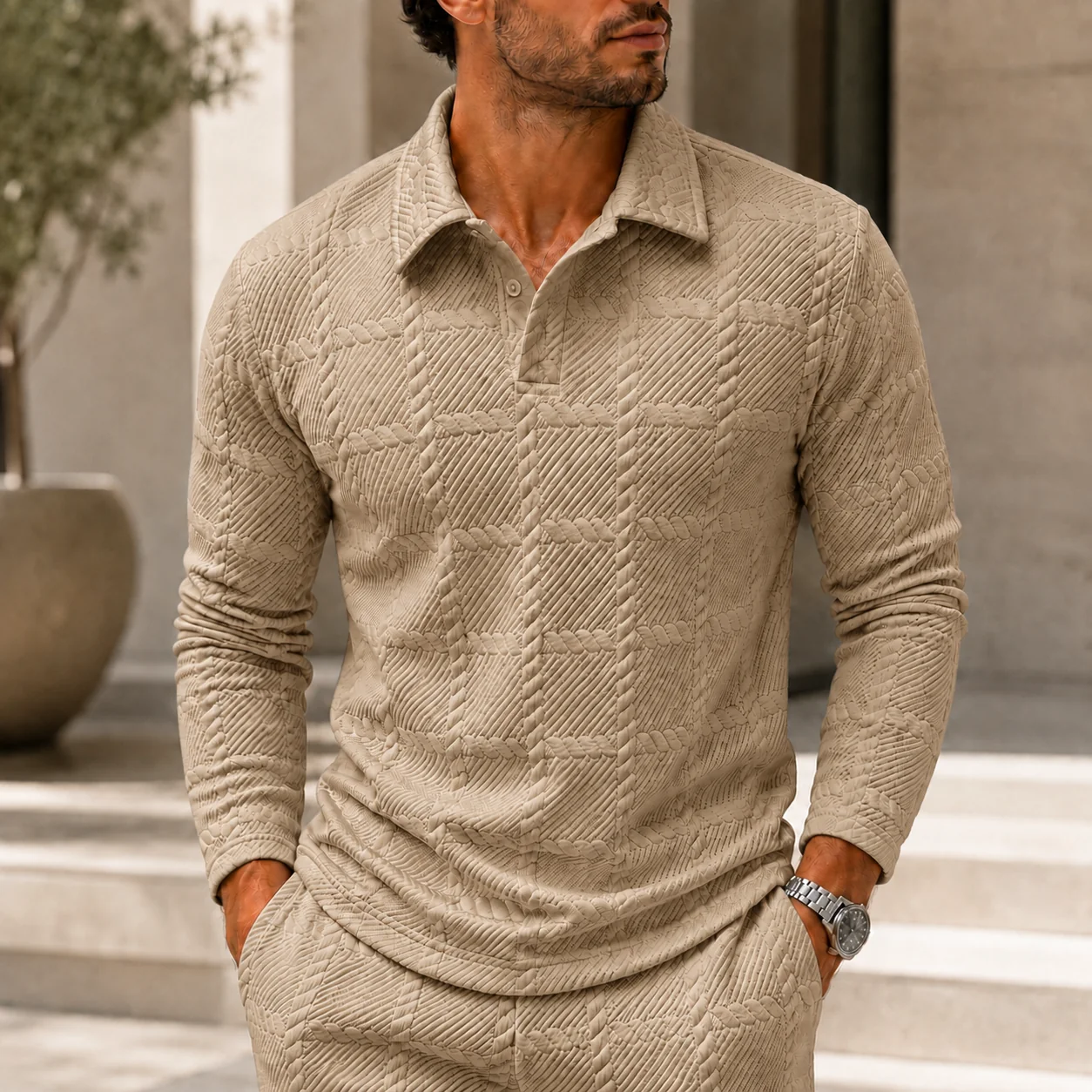 Mivanity Men's Premium Textured Knit Polo Sweater Long Sleeve Casual Collared Pullover Shirt