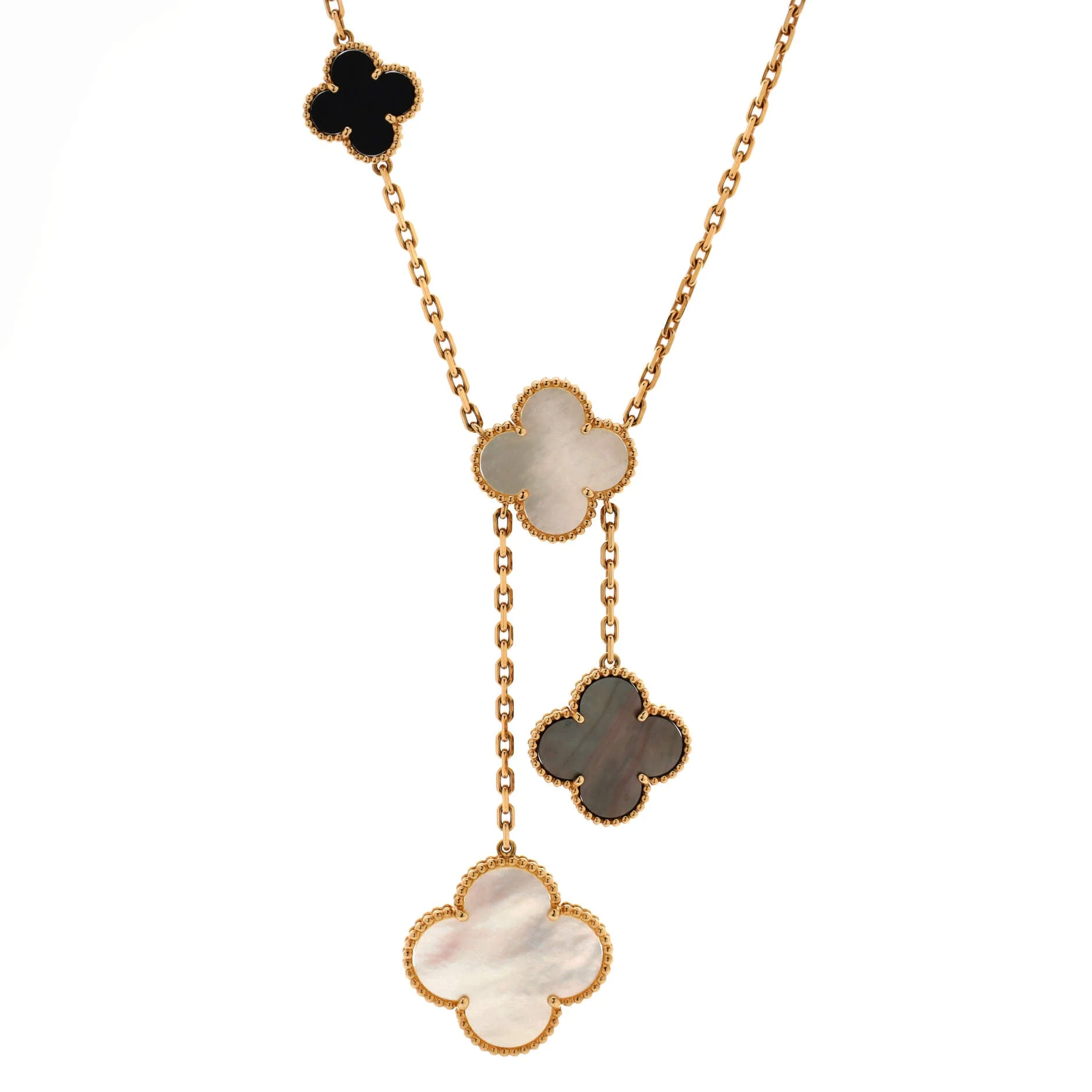 Magic Alhambra 6 Motifs Necklace 18K Yellow Gold and Mother of Pearl with Onyx