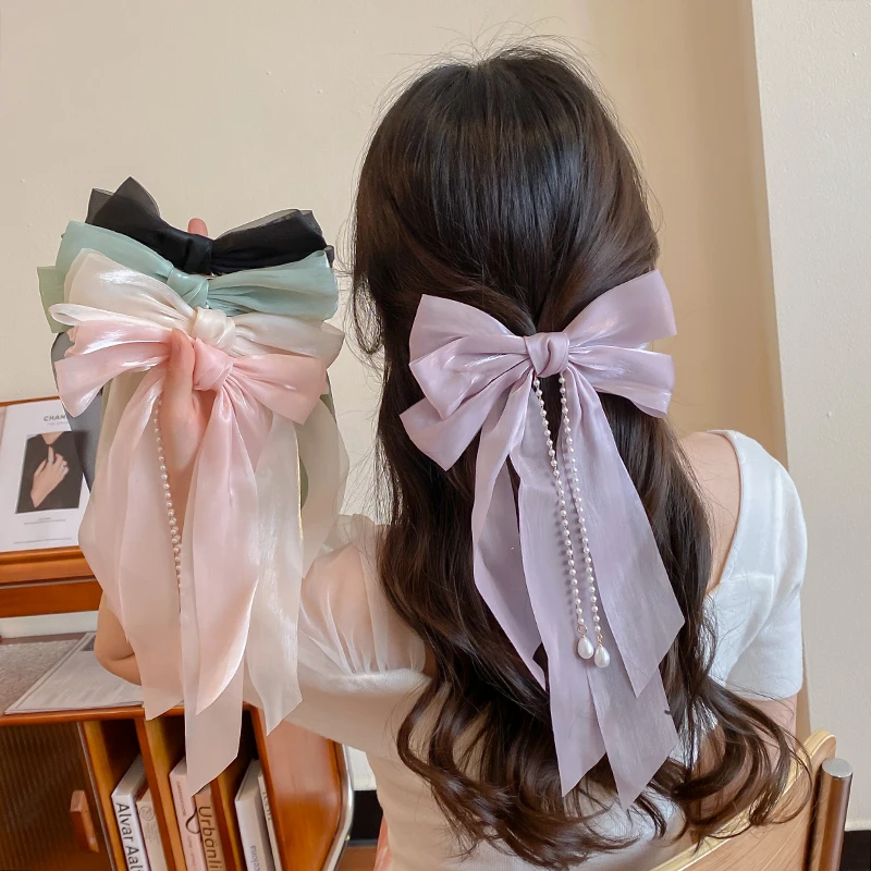 Elegant Bow Ribbon Hairpin for Women Long Tassels Pearl Pin Bowknot Stain Hair Clip Retro Headband Girls Hair Accessories