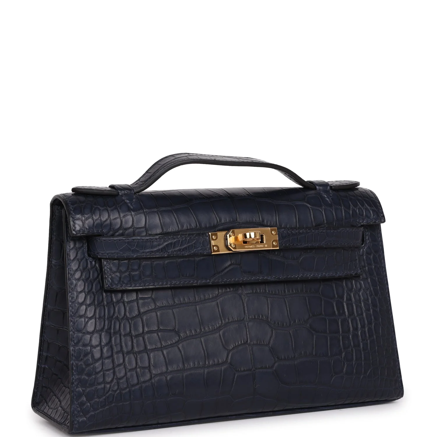 Hermes Kelly Pochette Bleu Indigo Matte Alligator Gold Hardware