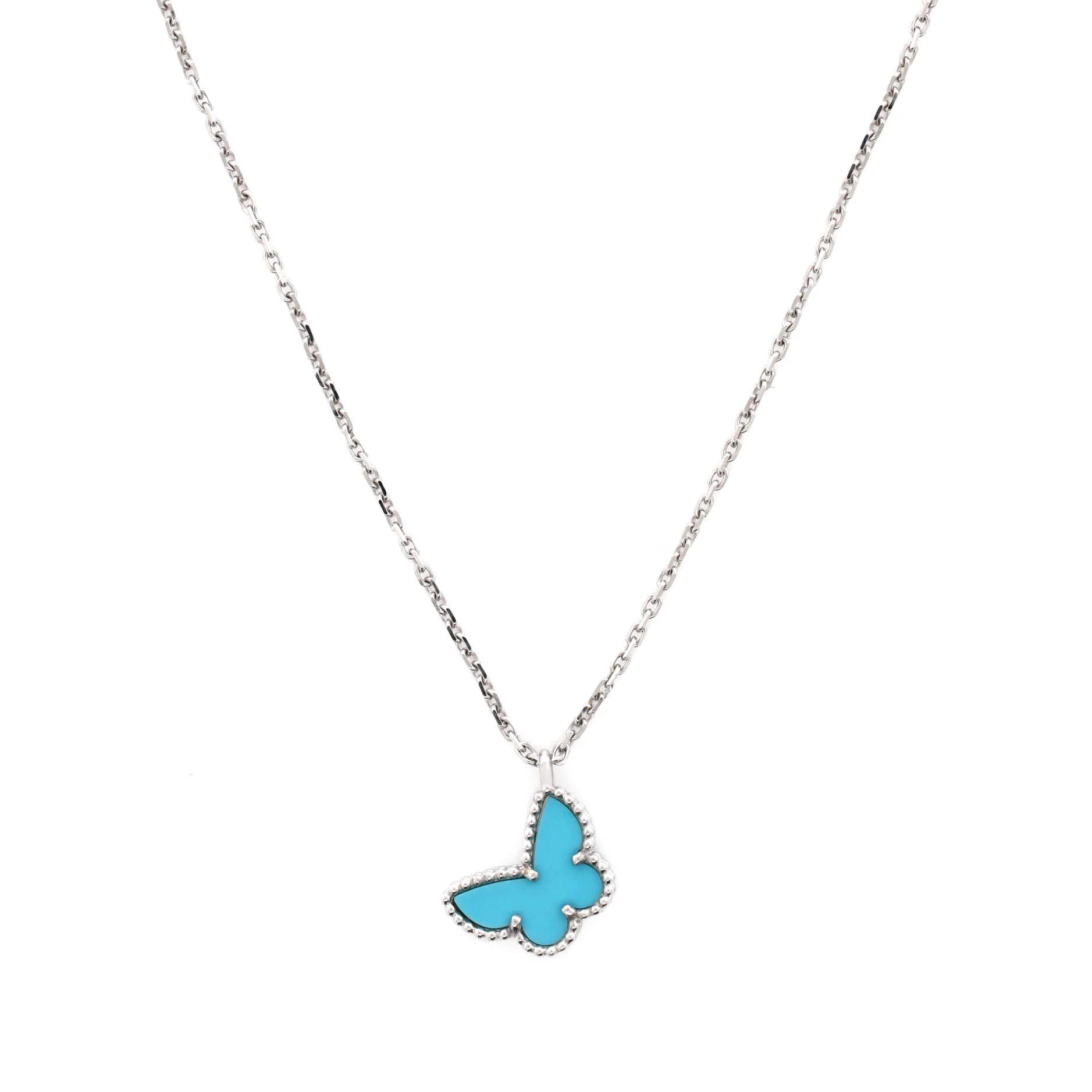 Sweet Alhambra Butterfly Pendant Necklace 18K White Gold with Turquoise