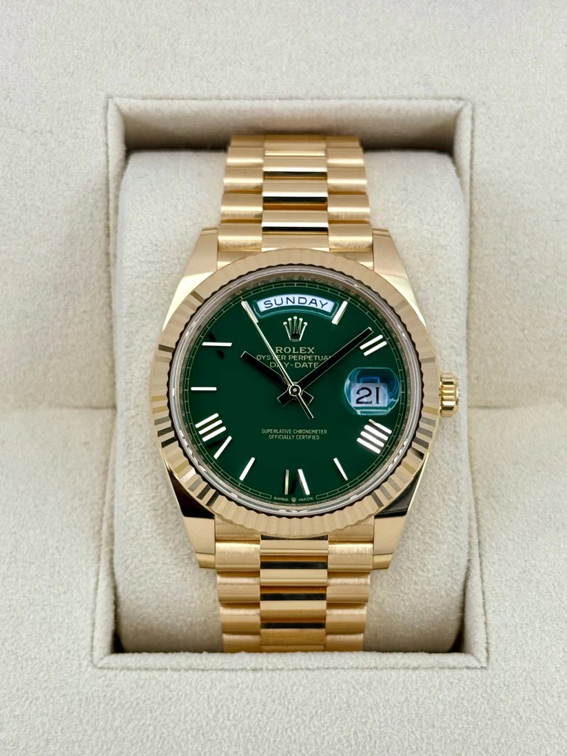 【Super Clone】RLX Day-Date "President" 40mm Yellow Gold Green Roman "Money" Dial - 228238