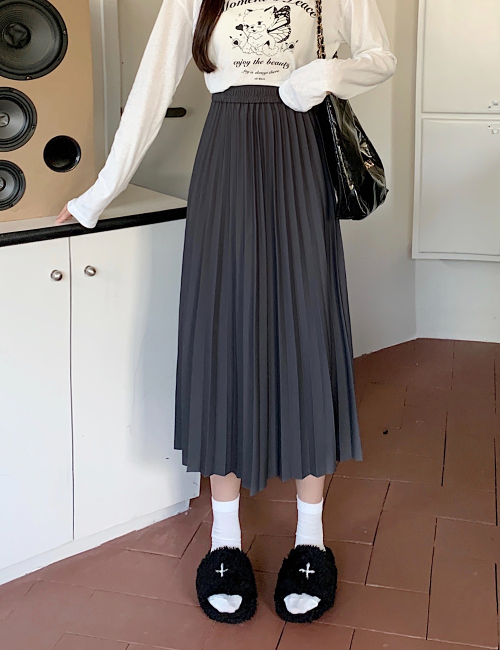Slim fat high waist skirt autumn pleated long dress