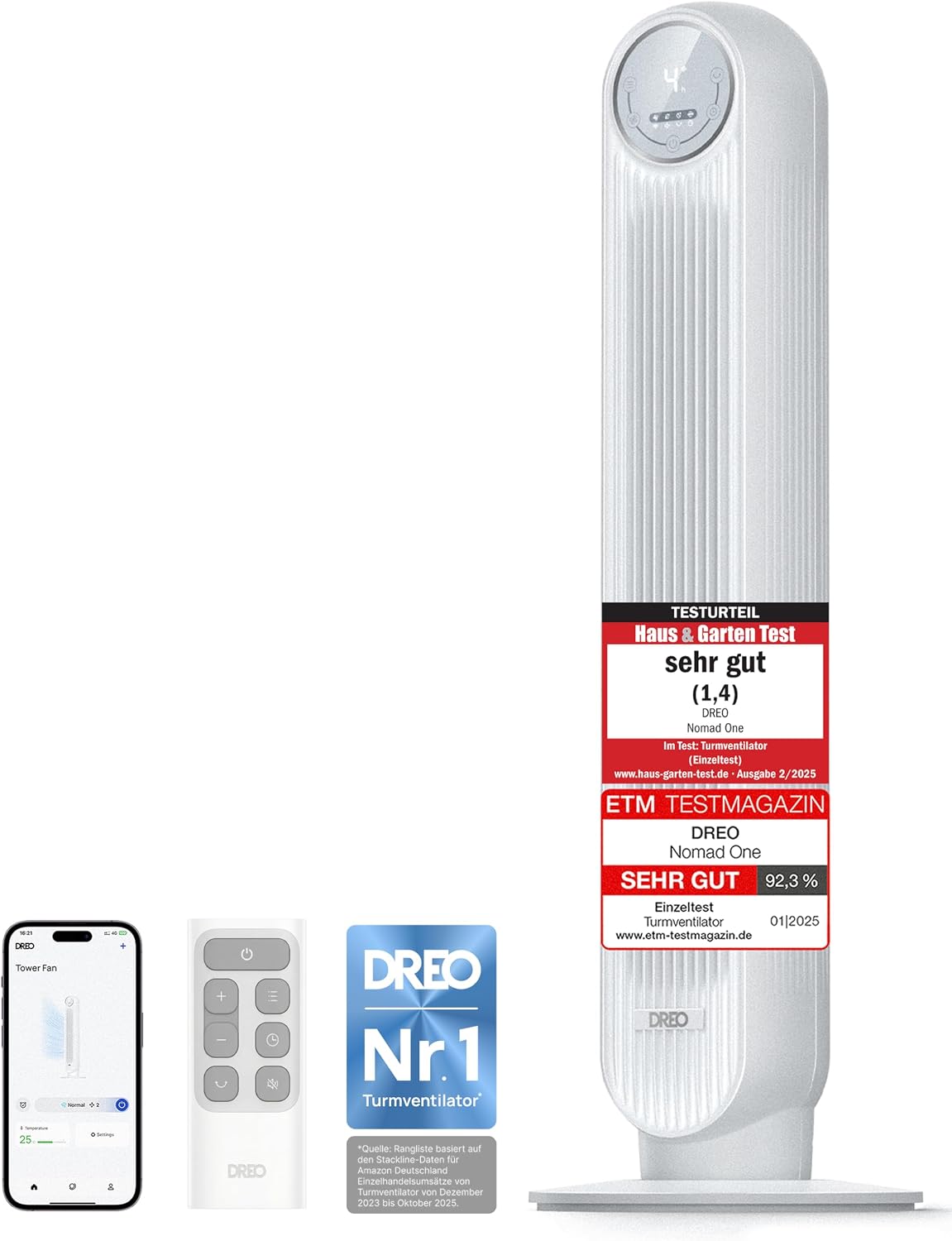 Dreo Smart 20dB Leiser Turmventilator, 10 m Wurfweite 4 Geschwindigstufen 4 Modi 8 Std. Timer 90° oszillierende Ventilator mit Kühlung WLAN & Fernbedienung für Schlafzimmer, Nomad OneS, Weiß