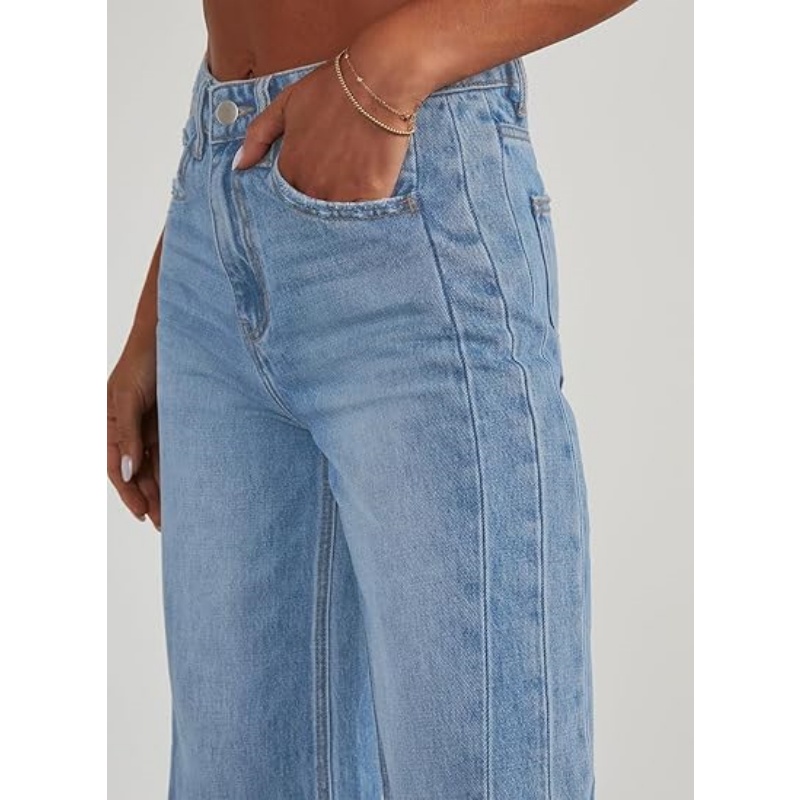 Women's High Waisted Stretchy Wide Leg Raw Hem Jeans