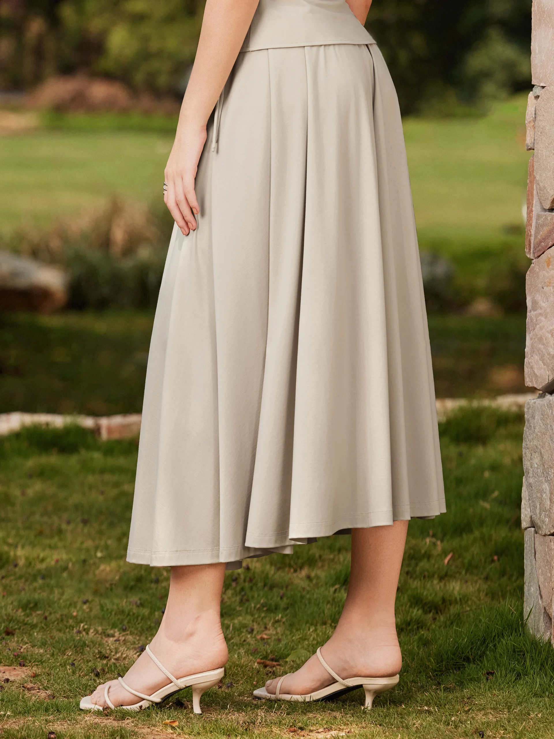 Breezy Mid Rise Umbrella Midi Skirt with Pockets