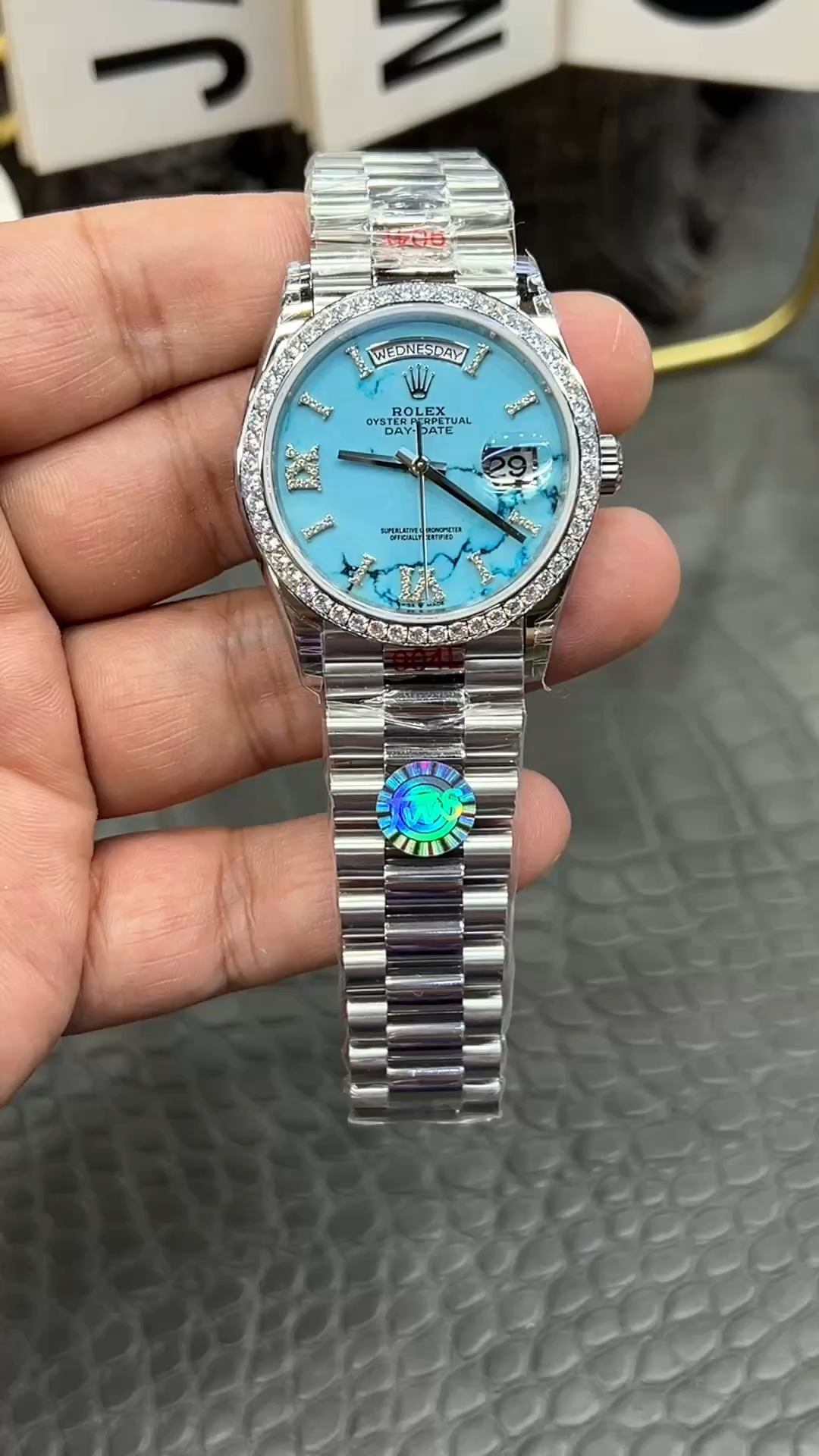 Rolex Day Date 36 Platinum Turquoise Diamond-Set Roman Dial Diamond Bezel m128396tbr 0016