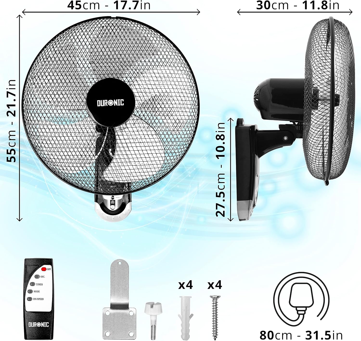 Duronic FN55 BK Wandventilator, oszillierender Ventilator 60W, Wandlüfter | 90° Oszillation, leiser Propeller mit 5 Lamellen, Fernbedienung für einfache Steuerung, für Wandmontage geeignet