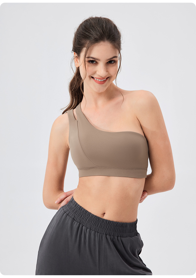 Women's Spring/Summer One-Shoulder Yoga Bra, Shockproof, Medium-Intensity Running & Fitness Bra, Nude Feel, High Elasticity Sports Bra