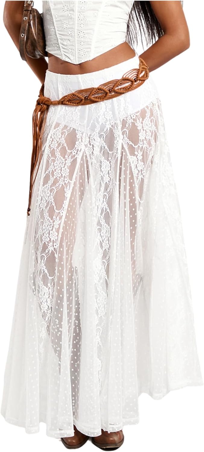 WDIRARA Women's Sexy See Through Sheer Lace Maxi Skirt Low Waist Ruffle Hem A Line Flowy Skirt