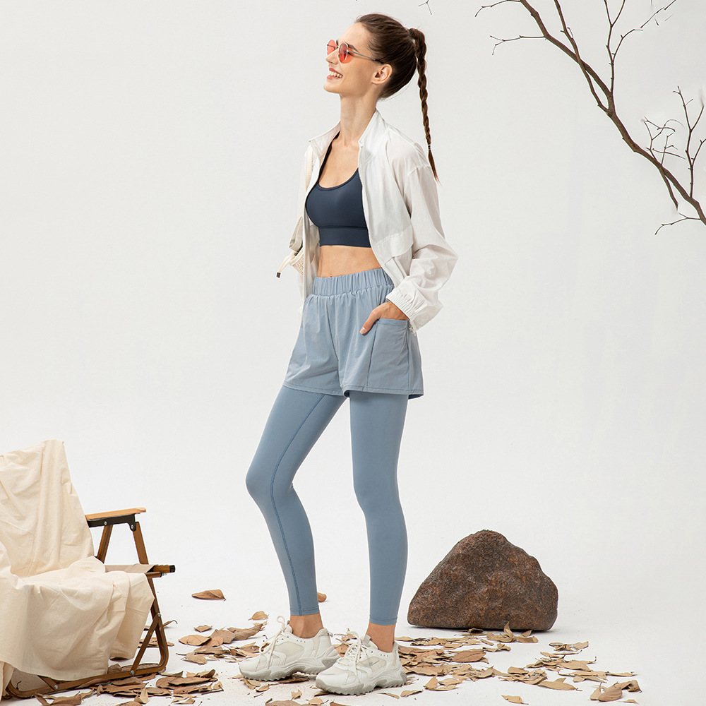 Women's two-piece yoga pants, high-waisted, hip-lifting, fitness pants with loose pockets, breathable, running pants