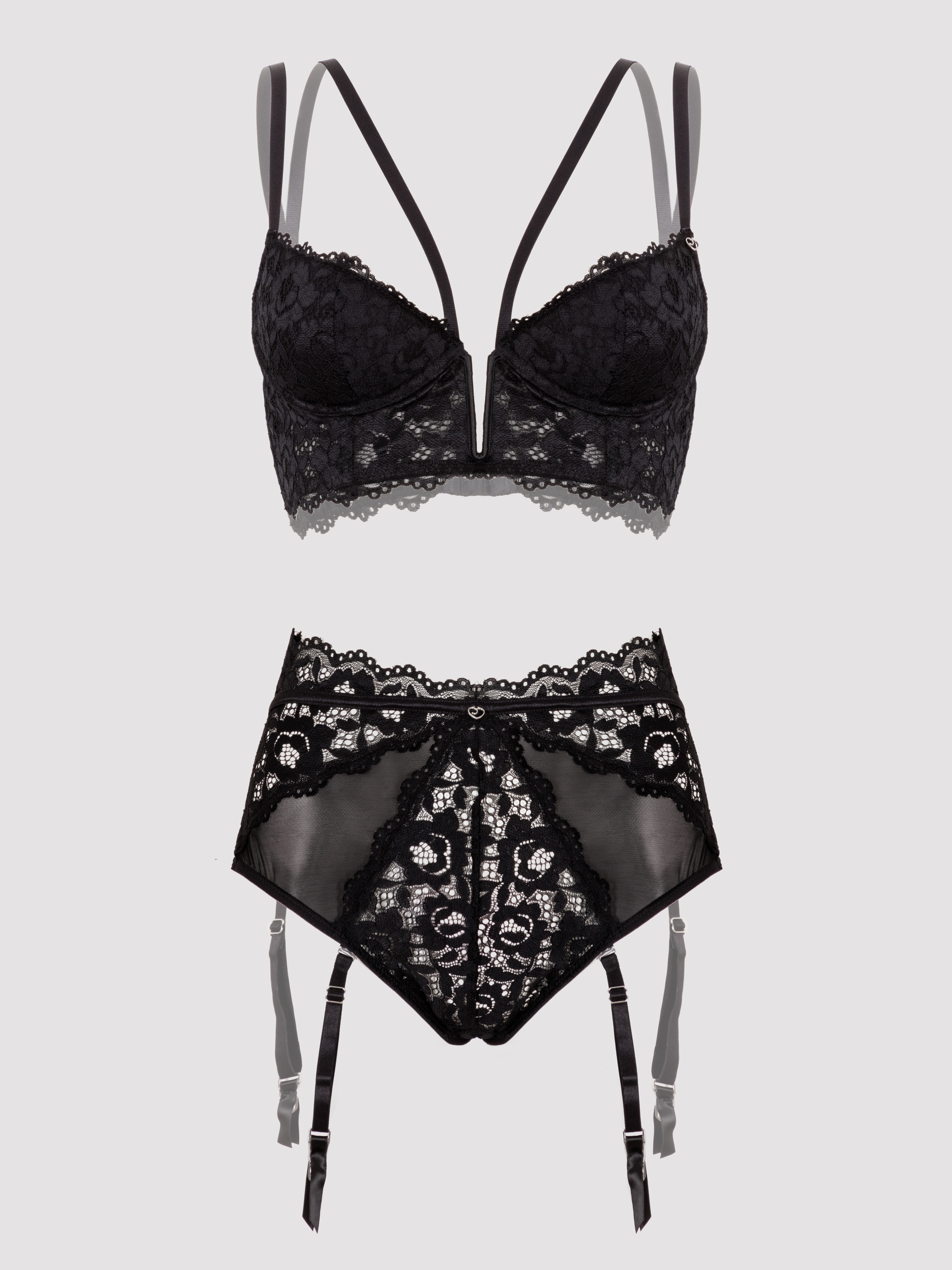 Lovehoney Plus Size Parisienne Black Lace Plunge Longline Bra Set