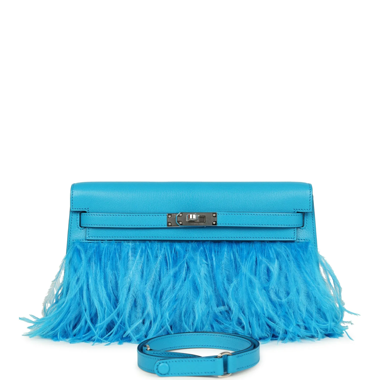 Hermes Kelly Elan Foile Bleu Frida Chevre Chamkila and Ostrich Feathers Palladium Hardware