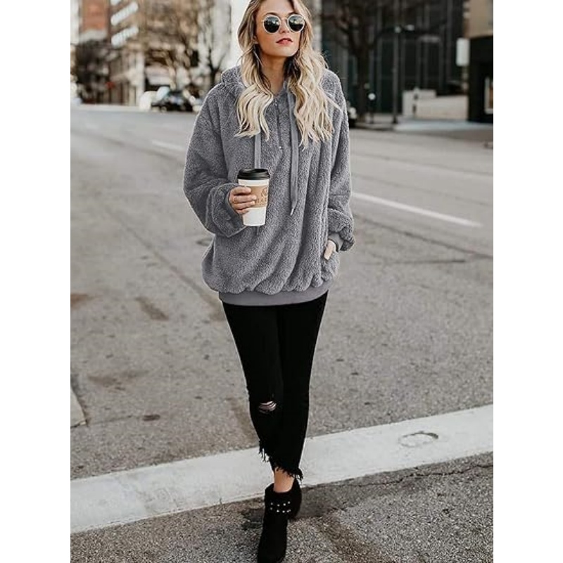 Women's Fuzzy Oversized Hooded Sweatshirt, Pocket Fleece Pullover Hoodie