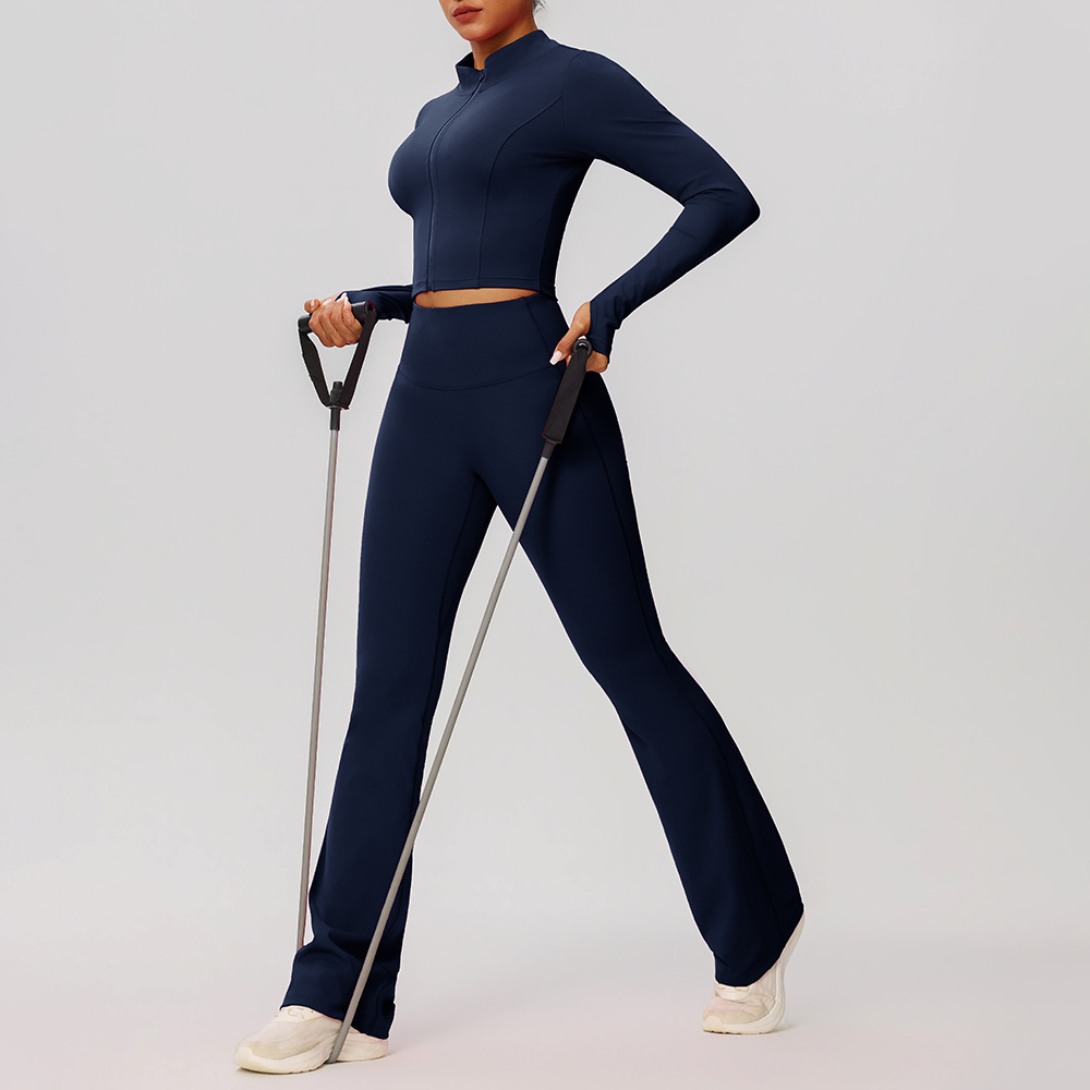 Yoga outfit set, tight-fitting zippered long-sleeved sports jacket, high-waisted peach-shaped flared yoga pants set