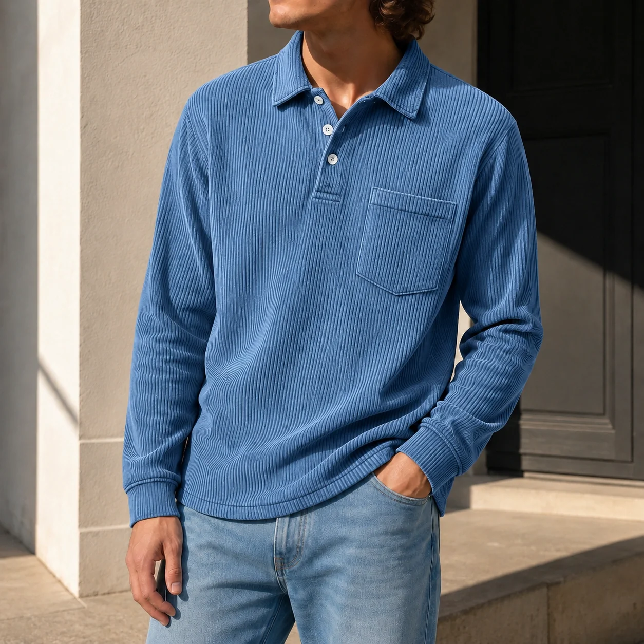 Mivanity Men's Simple Daily Pitted Textured Lapel Long-sleeved Polo Shirts