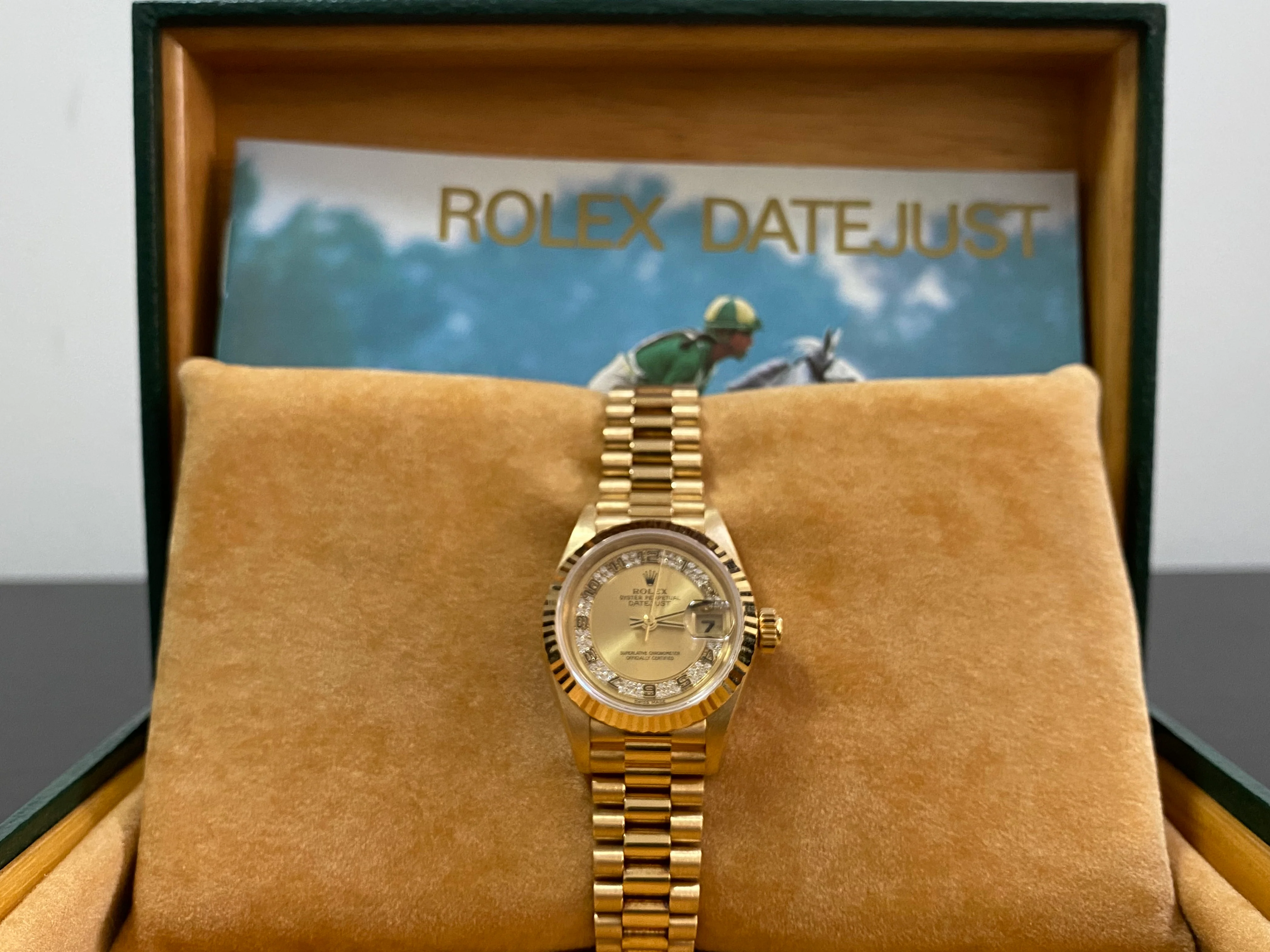 Rolex Yellow Gold Lady-Datejust 26 - W serial - Fluted Bezel - Myriad Diamond Dial - President Bracelet - 69178