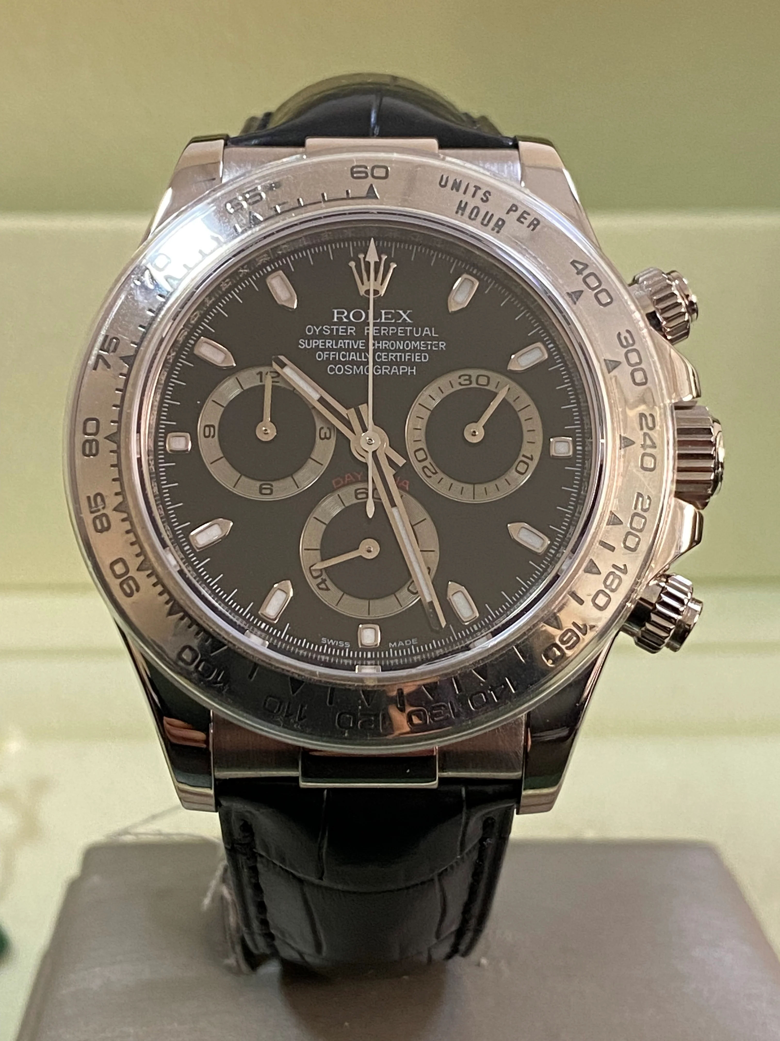 Rolex White Gold Cosmograph Daytona - 2007 - Black Dial - New Black Leather Strap - 116519 FULL SET