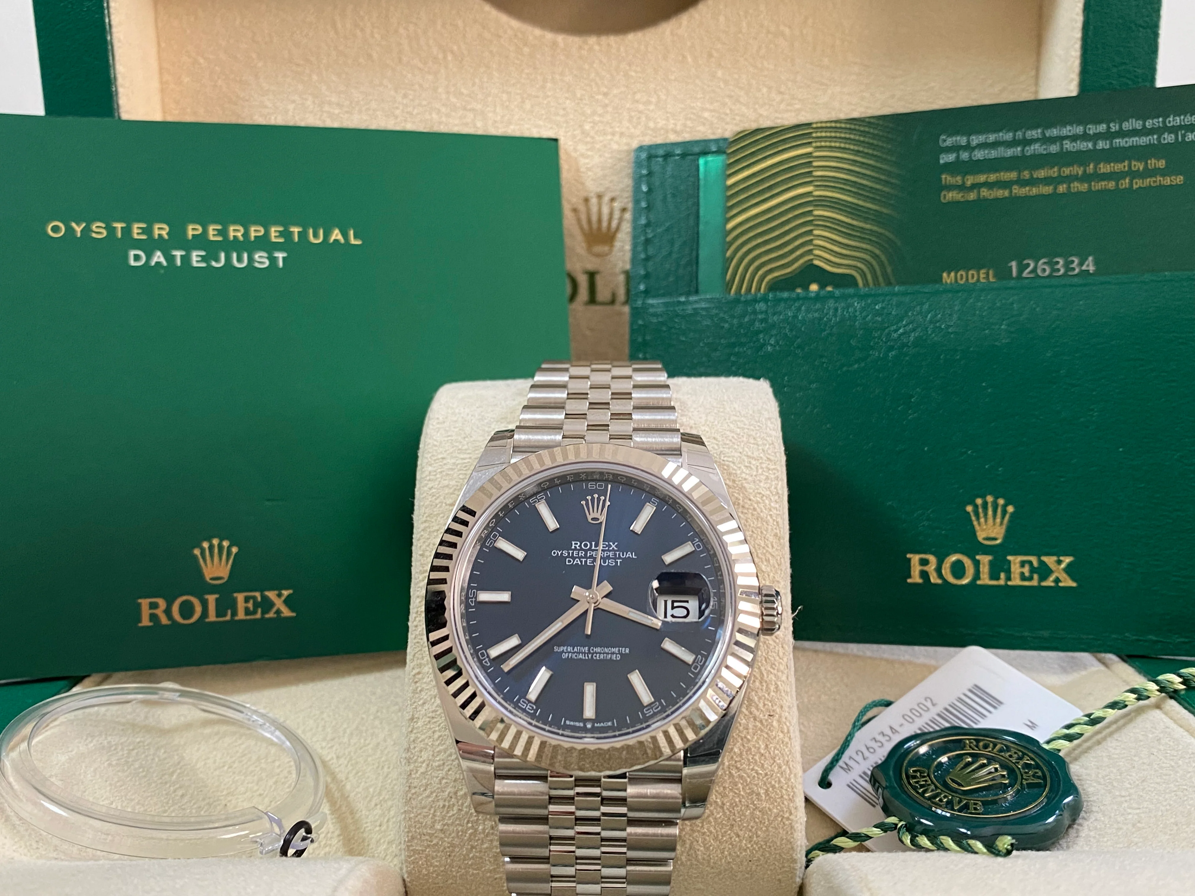 Rolex Steel and White Gold Datejust 41 - 2024 - Fluted Bezel - Blue Index Dial - Jubilee Bracelet - 126334 *COMPLETE SET*