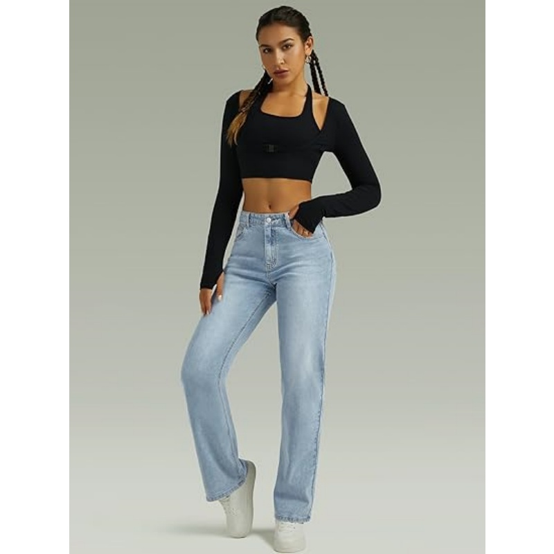 Women's High Waisted Microelastic Straight Leg Jeans, Loose Wide Leg Boyfriend Denim Pants