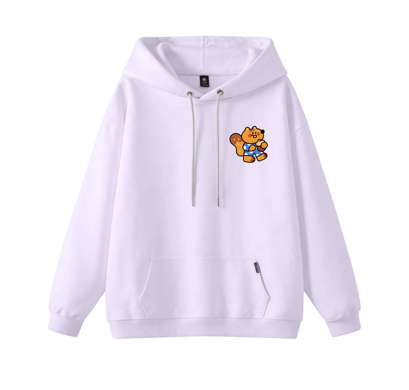 This adorable hooded sweatshirt features a squirrel eating a pine cone and is a casual pullover. Its stand-up collar also makes it an ideal choice for winter wear.
