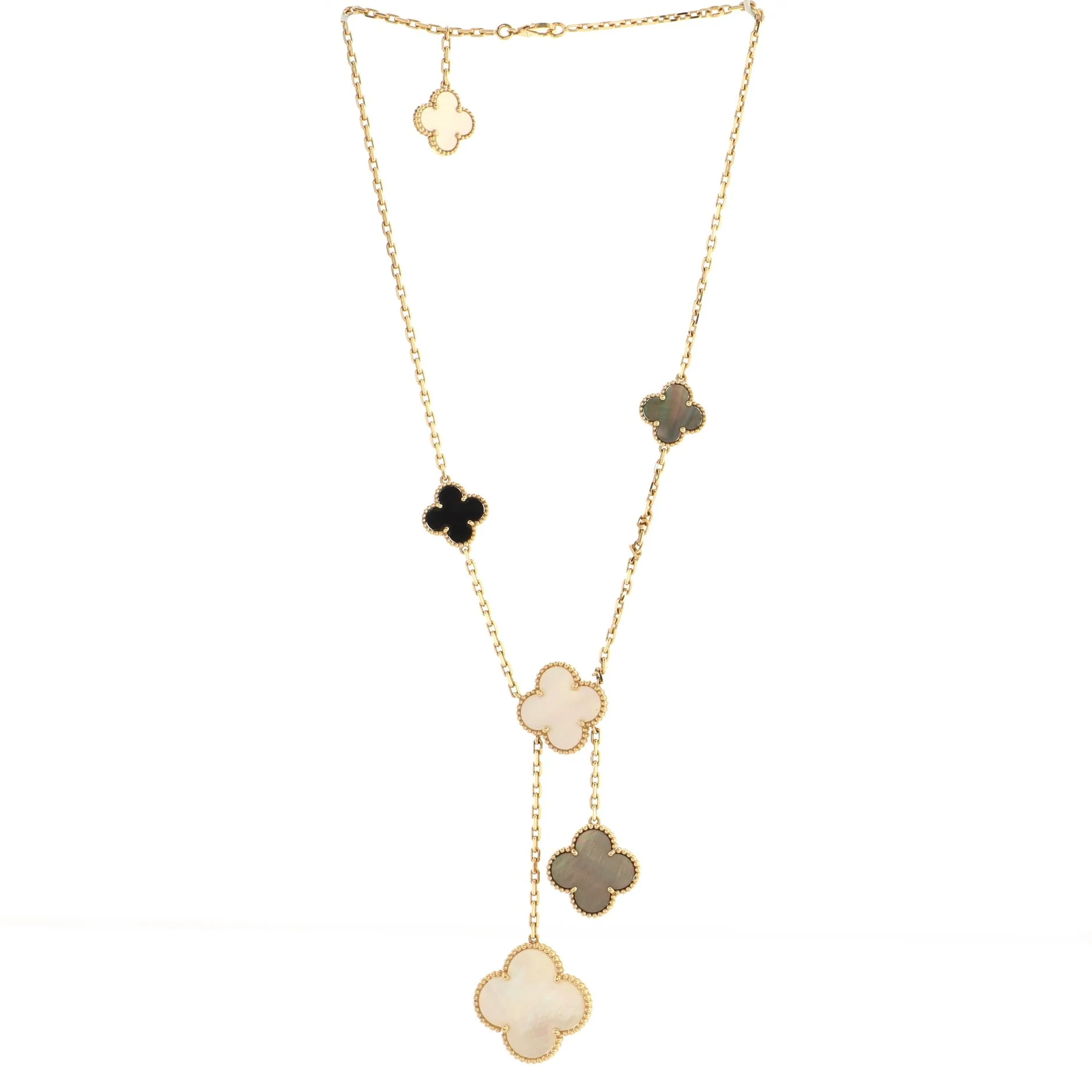 Magic Alhambra 6 Motifs Necklace 18K Yellow Gold and Mother of Pearl with Onyx