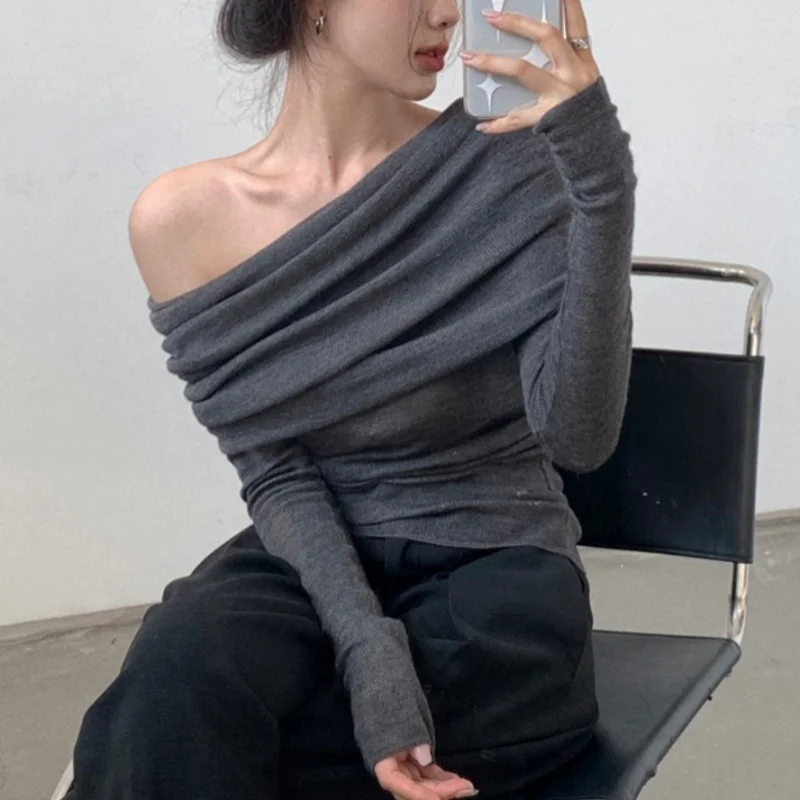2026 Autumn Women Long Sleeve Knitted Top Gray One Shoulder Sexy Woman Sweater Winter Slim Solid Pullover Knitwear