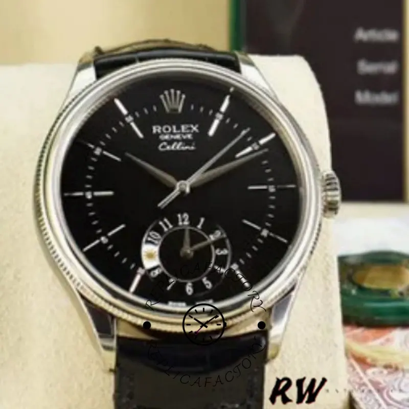 Rolex Cellini Dual Time 50529 Black Guilloche Dial 39mm Mens Replica Watch