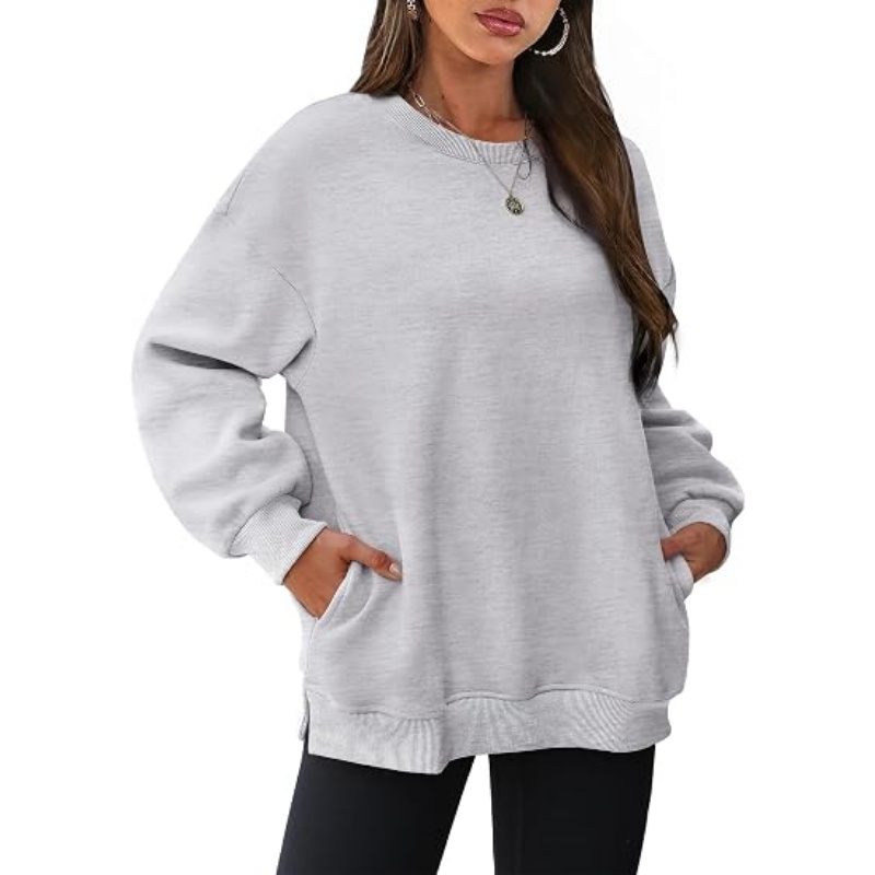 Women's Oversized Crewneck Sweatshirt, Fleece Long Sleeve Pullover with Side Pockets