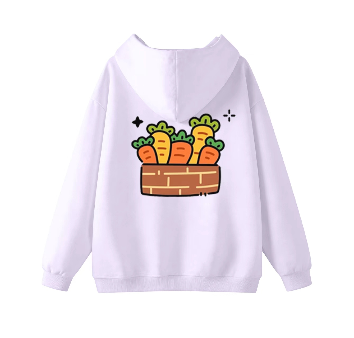 This adorable yellow hooded sweatshirt features a carrot pattern and is a casual pullover. Its stand-up collar also makes it ideal for winter wear.