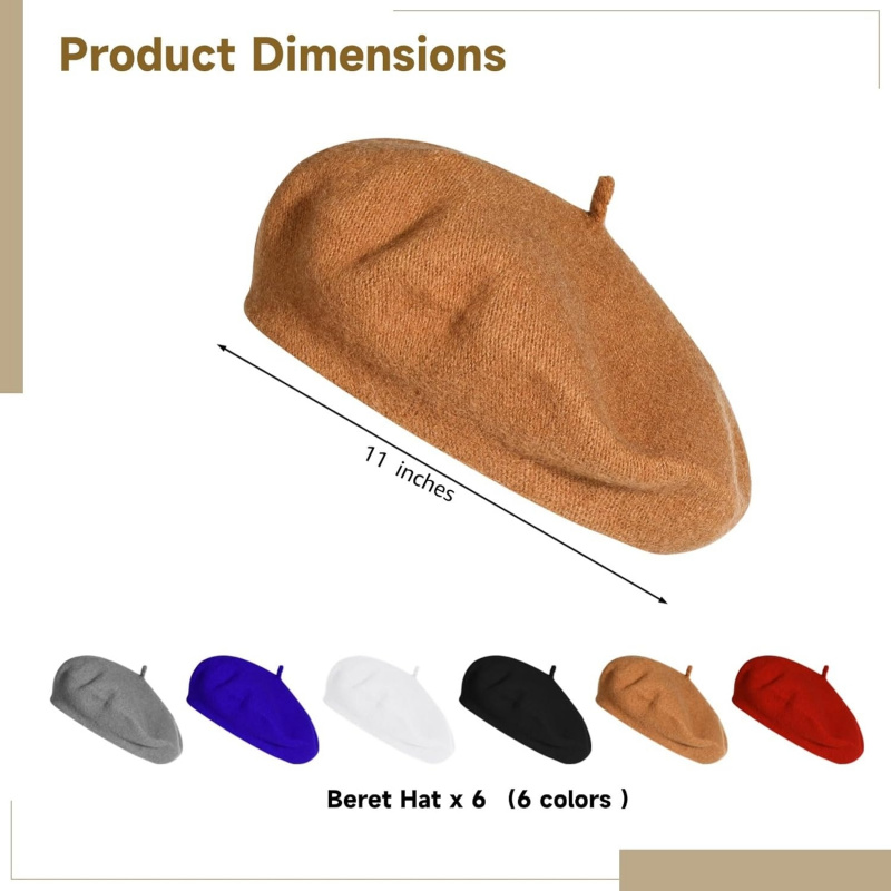 6 PCS Beret Hats, Woolen Blend Beret Caps
