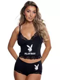 Playboy Black Lace Trim Bunny Lounge Set