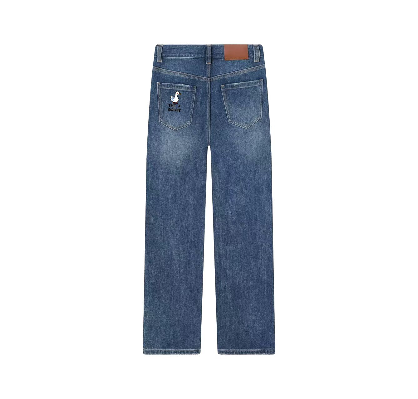 A pair of jeans with a white goose print—a wardrobe essential.