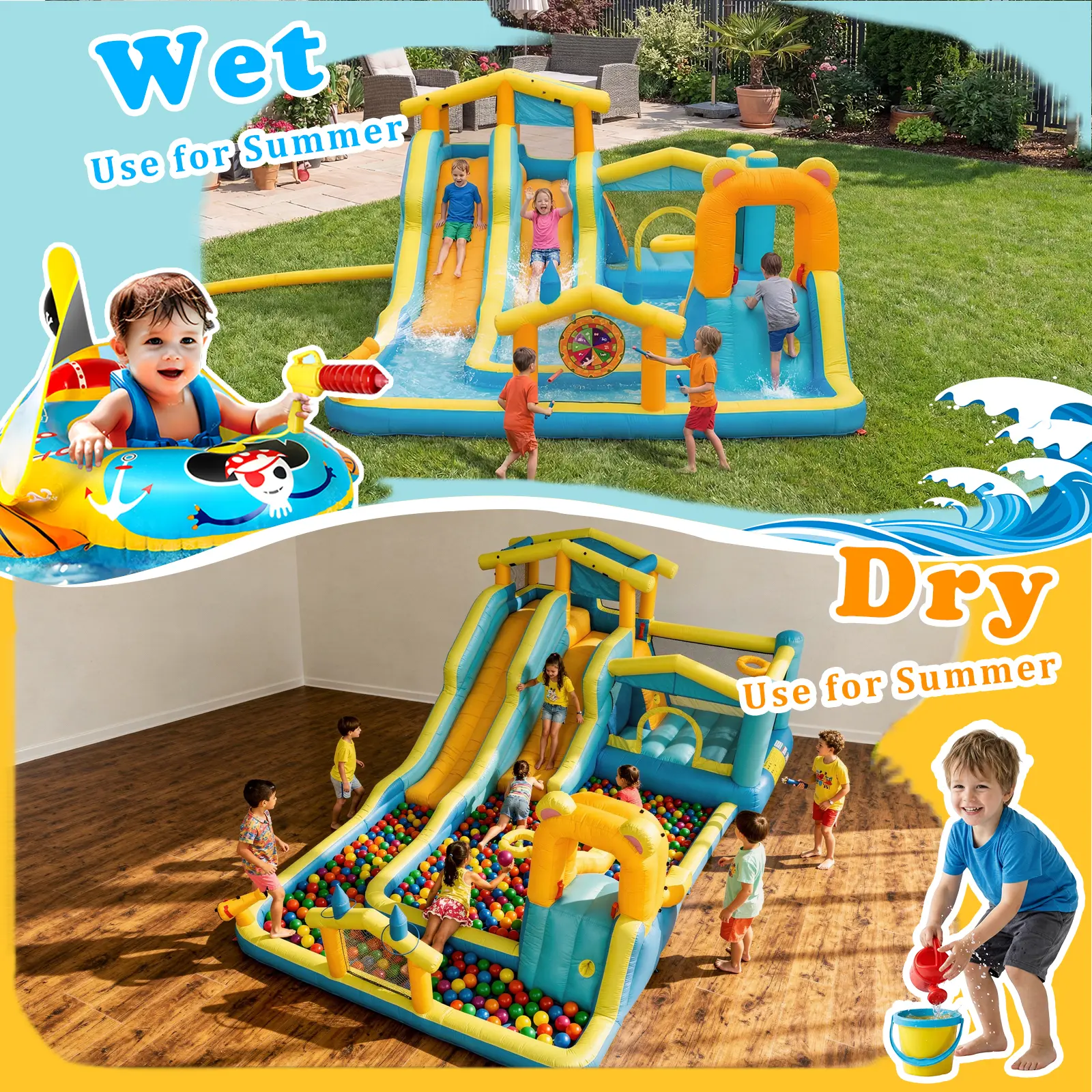 🔥Summer Deal🔥 Inflatable Water Slide Park with Splash Pool & Water Cannons
