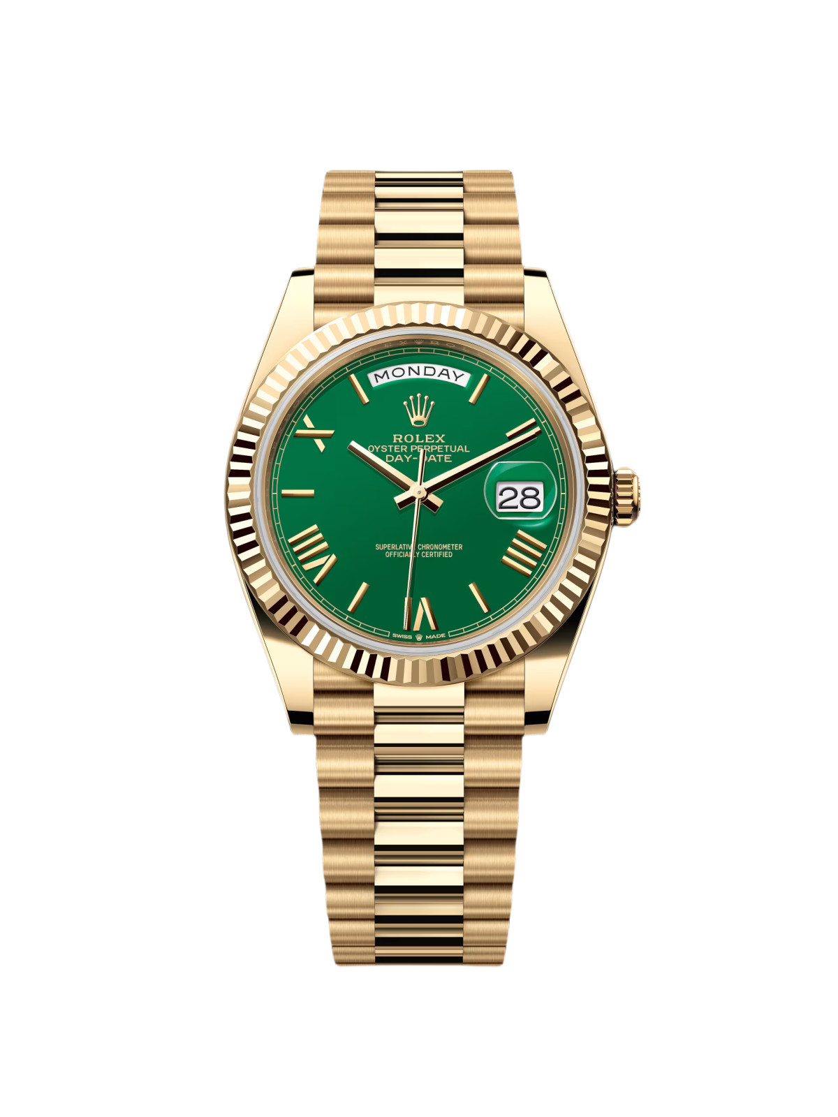 【Super Clone】RLX Day-Date "President" 40mm Yellow Gold Green Roman "Money" Dial - 228238