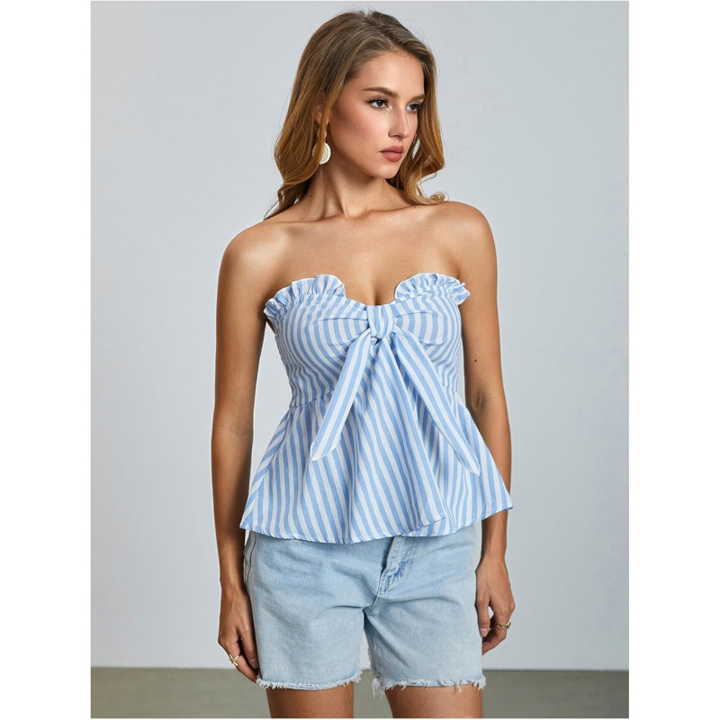 AURETOP Women's Striped Bandeau Shirt Bow Knot Frill