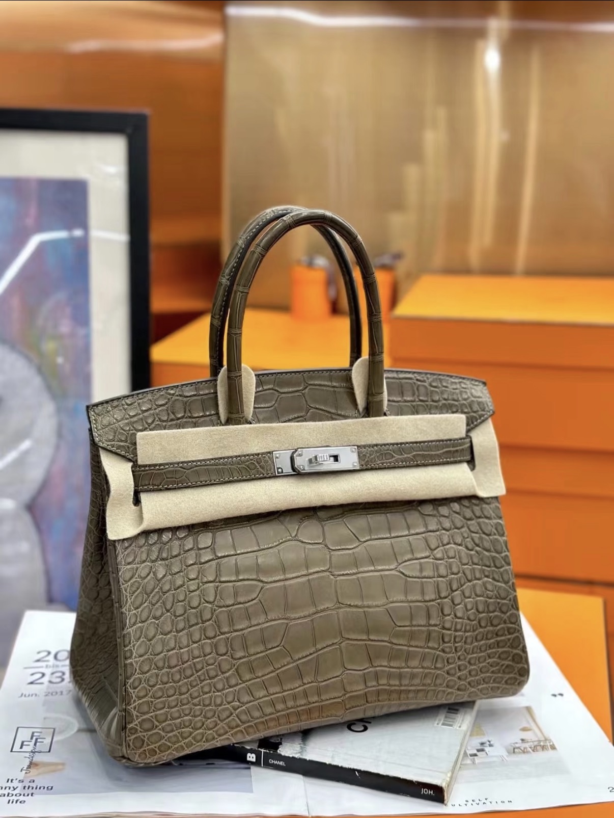 Birkin 25-35 elephant gray Silver hardware  crocodile leather custom - Artisantouchss