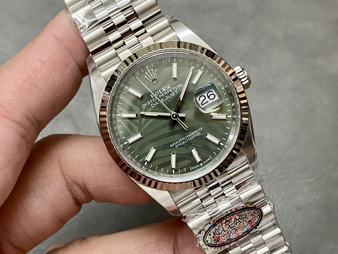 Rolex Datejust 36mm Fluted Bezel Green Palm Index Dial Jubilee 126234 0047