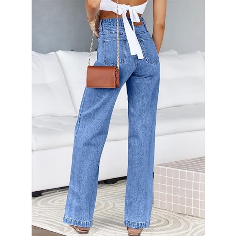 Women's High Waisted Stretchy Straight Leg Jeans, Trendy Loose Wide Leg Denim Pants with Pockets