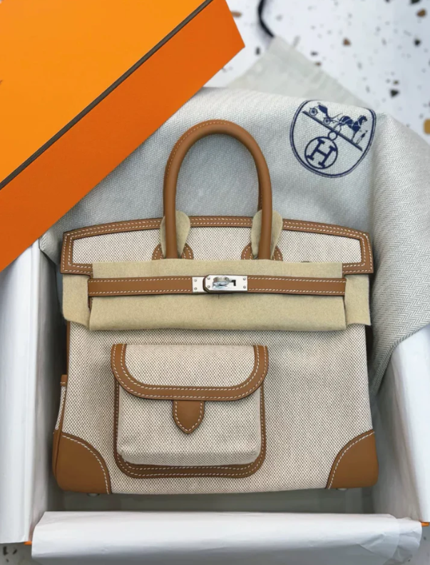 HERMÈS Limited Edition Birkin Cargo 25-35 in Gold Swift leather and Canvas with Palladium hardware customization