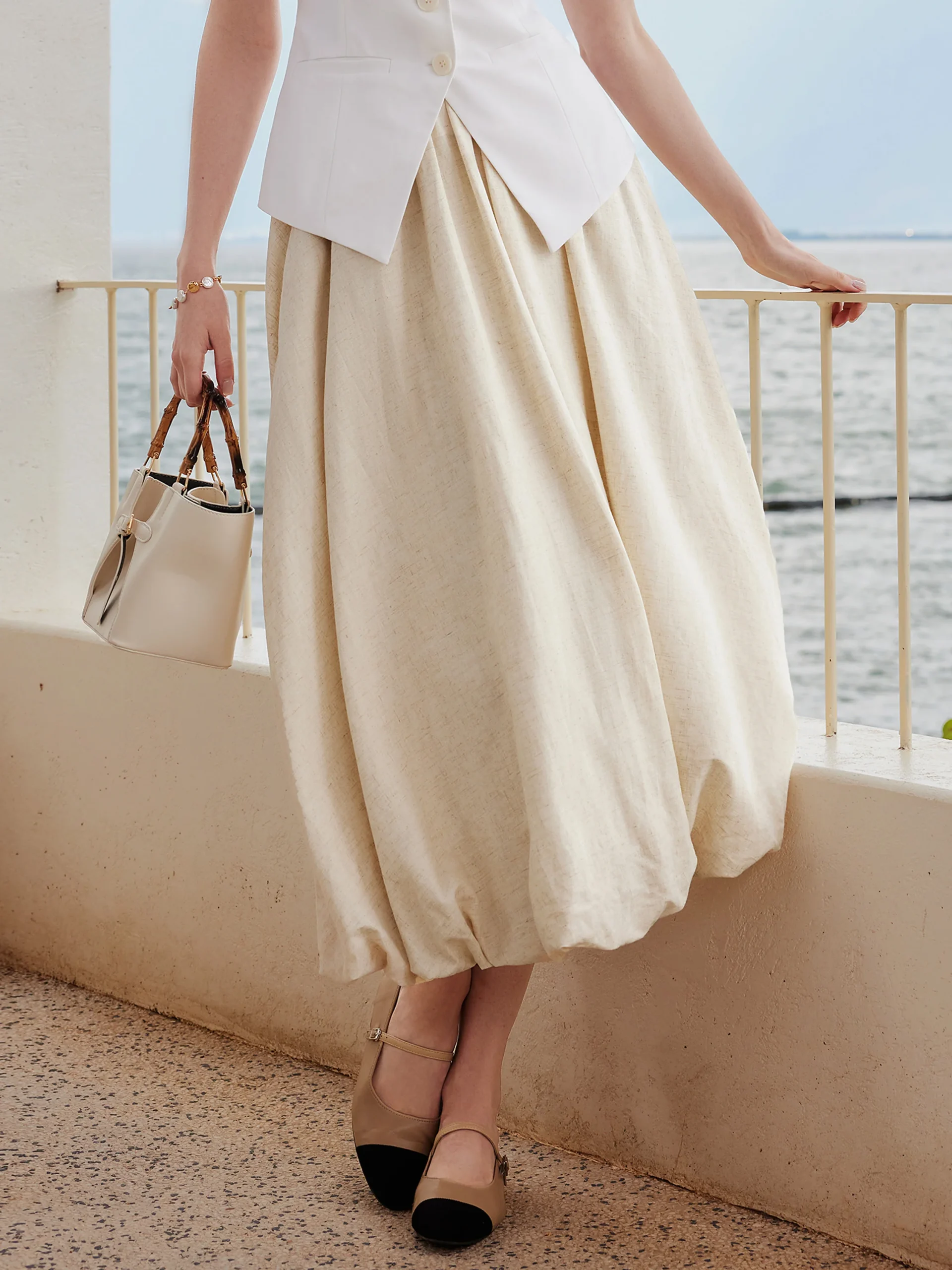 European Linen Bubble Maxi Skirt with Pockets