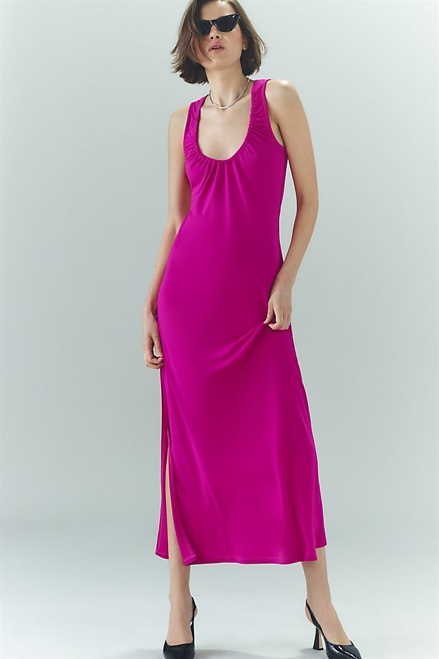 Ruched Scoop-Neck Midi Dress FUSCHIA