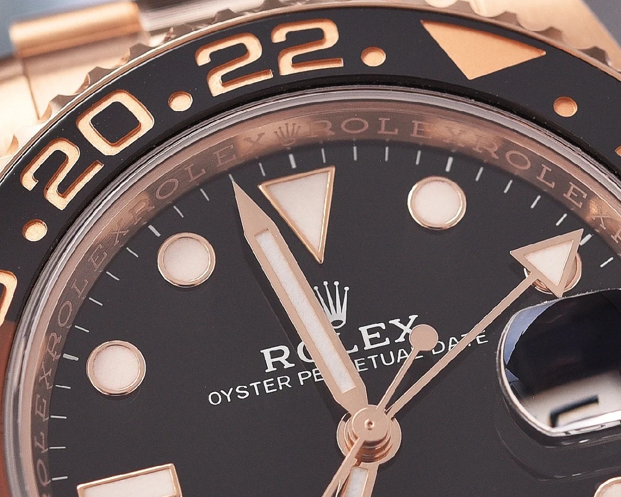 Rolex GMT-Master II 40mm Root Beer Black Dial Oyster Bracelet 18k Rose Gold Watch 126715chnr-0001